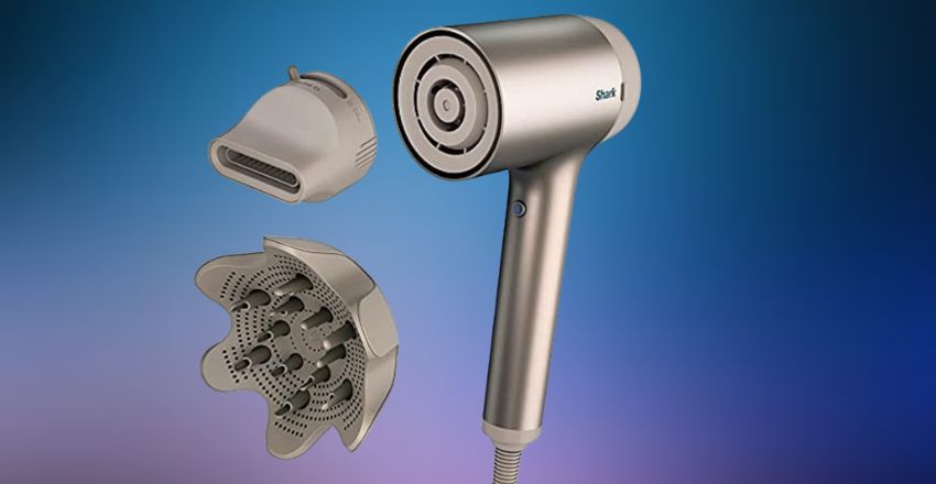 Ionic hair dryer with its styling attachments laid out