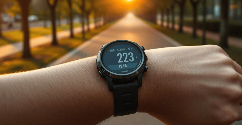 Runner checking heart rate on a fitness smartwatch