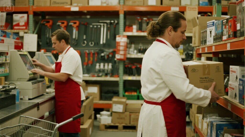 Employee serving a tradesperson at the trade counter