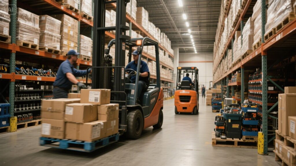 Warehouse colleague picking stock from storage racking