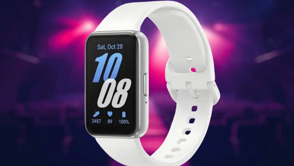 Slim fitness band displaying a step count on screen