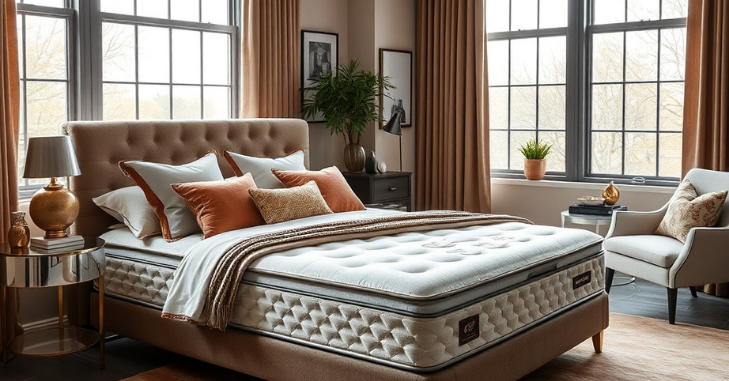 Double bed dressed with crisp white bedding