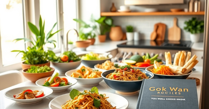 Cookbook open on a kitchen worktop