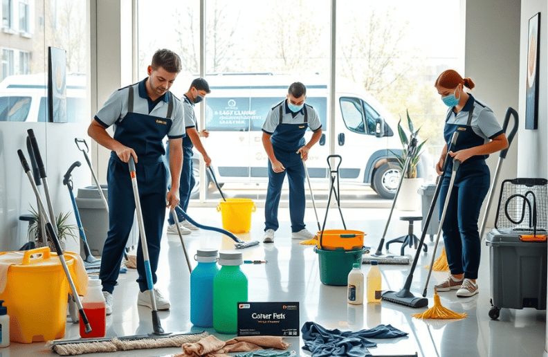 Professional cleaning supplies arranged in a carry caddy