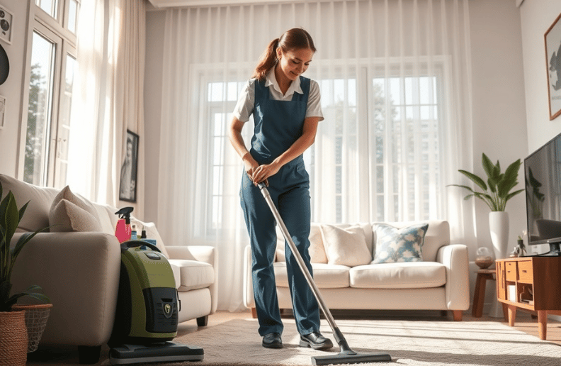 Cleaner wiping down a kitchen worktop with a cloth