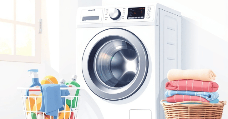 Row of washing machines displayed in a showroom