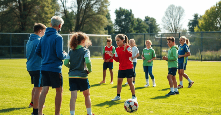PE teacher coaching pupils on a school playing field