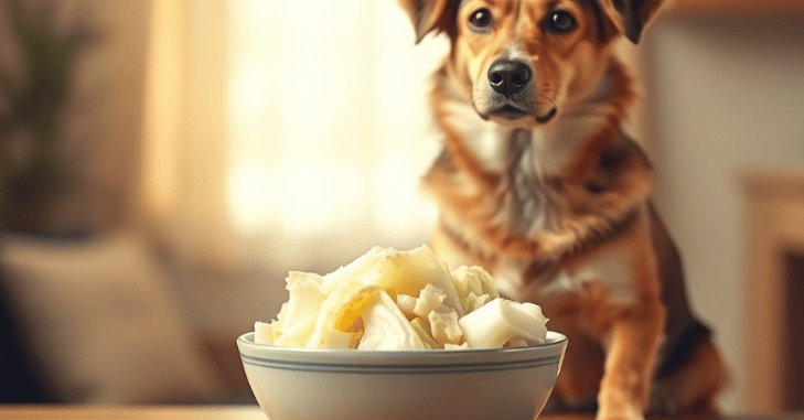 Dog sniffing chopped cabbage in a bowl