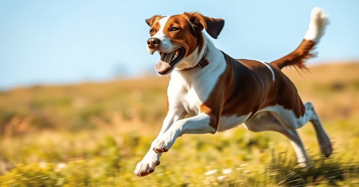 Brittany dog running across an open field
