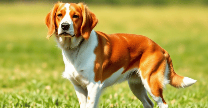 Brittany spaniel standing alert in long grass