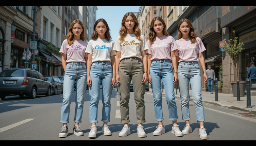 Low-rise bootcut jeans and a cropped baby tee hanging on a clothing rail