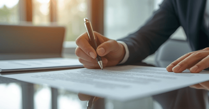 Solicitor's desk with contracts and a pen