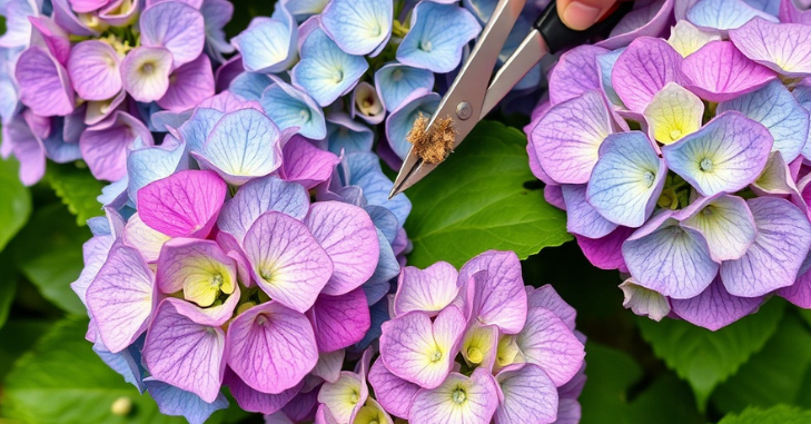 Healthy hydrangea bush in full blue bloom