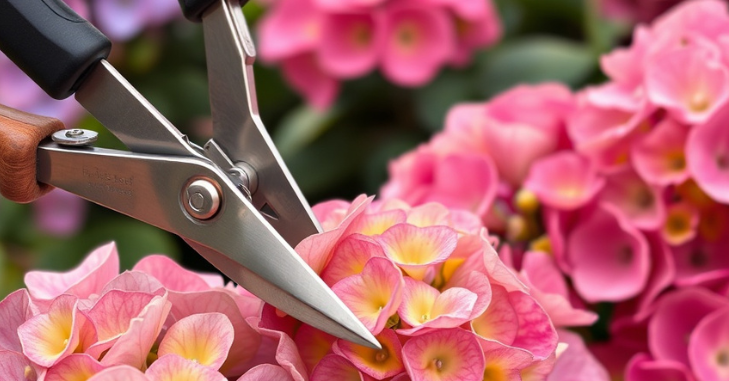 Gardener deadheading hydrangeas in a summer border