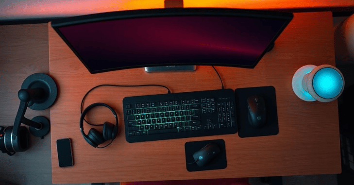 Complete gaming setup with keyboard, mouse and headset