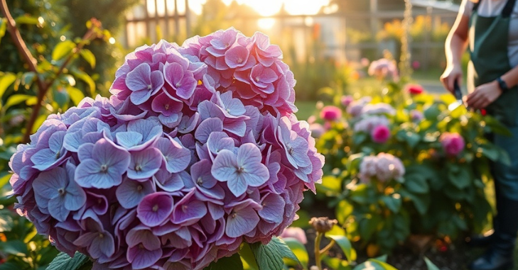 Secateurs cutting back a spent hydrangea flower head
