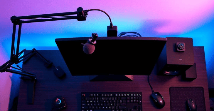 Gaming mouse resting on a large desk mat
