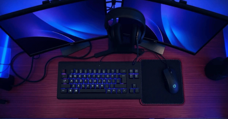 Gaming desk set up with a monitor and peripherals