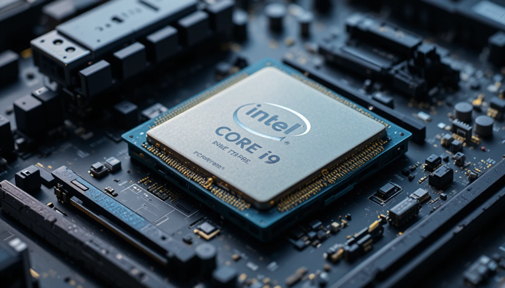 Intel i9 9900K processor resting on a motherboard
