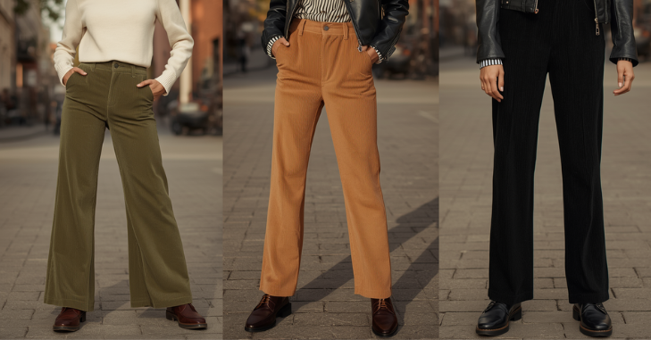 Woman wearing corduroy trousers on an autumn walk