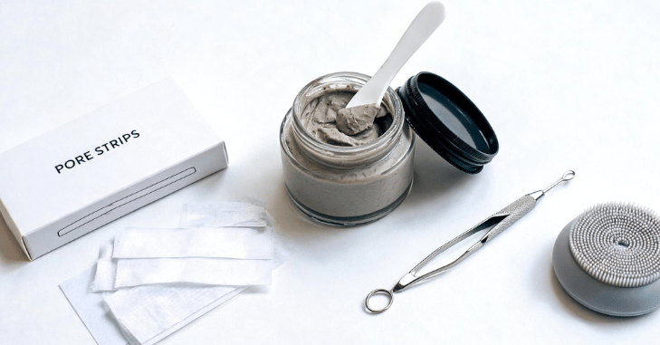 Pore strips and cleansing tools on a bathroom shelf