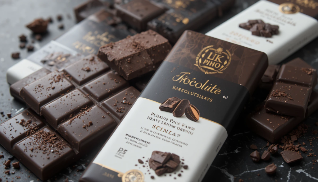 Broken squares of dark chocolate on a wooden board
