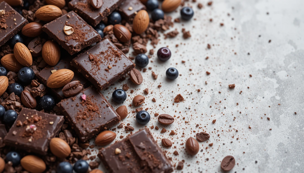 Cocoa beans and dark chocolate pieces arranged together