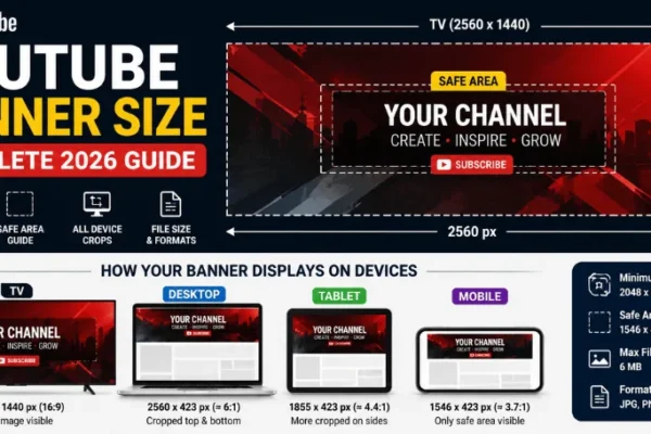 YouTube Banner Size in 2026: The Complete Guide to Dimensions, Safe Areas & Crops 