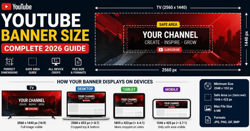 YouTube Banner Size in 2026: The Complete Guide to Dimensions, Safe Areas & Crops 